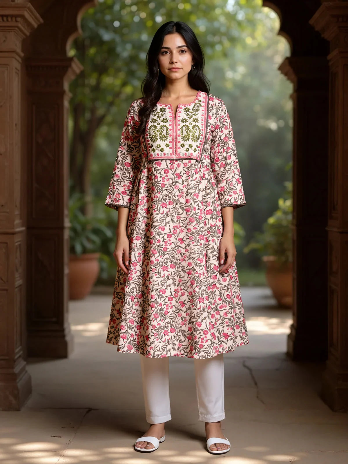 Buy Cotton Embroidered Flared Calf Length Kurta-Pink