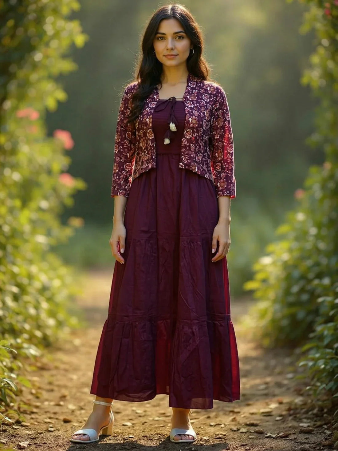 Buy Cotton Embroidered Flared Calf Length Dress-Wine