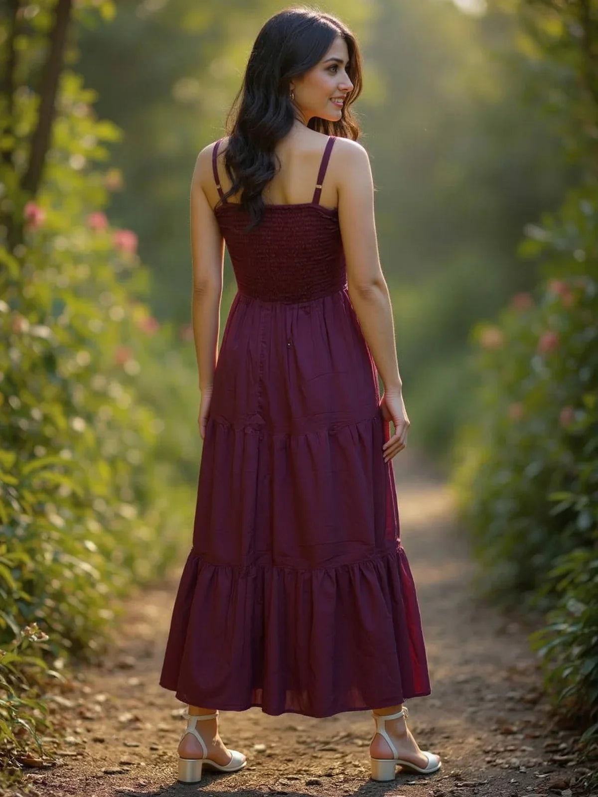 Buy Cotton Embroidered Flared Calf Length Dress-Wine