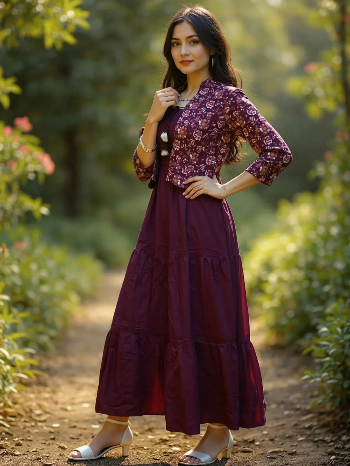 Buy Cotton Embroidered Flared Calf Length Dress-Wine