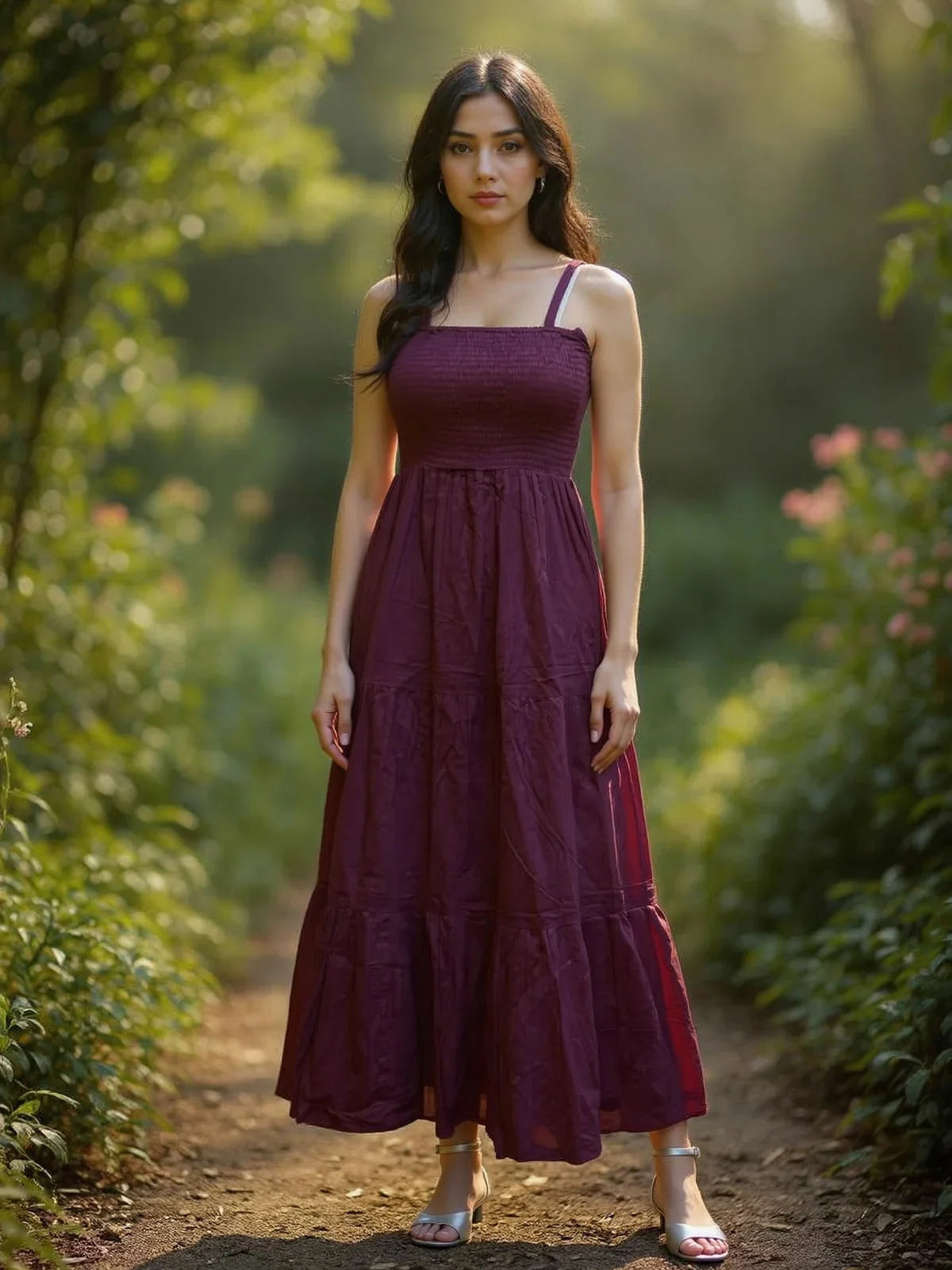 Buy Cotton Embroidered Flared Calf Length Dress-Wine