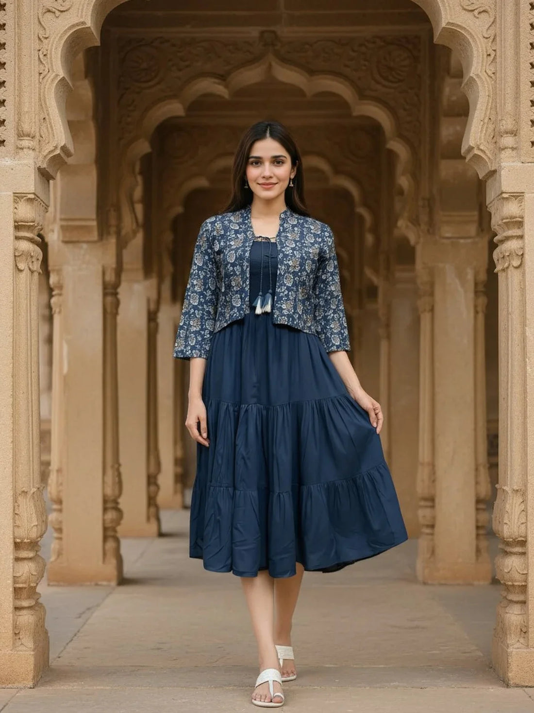 Buy Rayon Printed Tiered Calf Length Dress with Printed Jacket-Blue