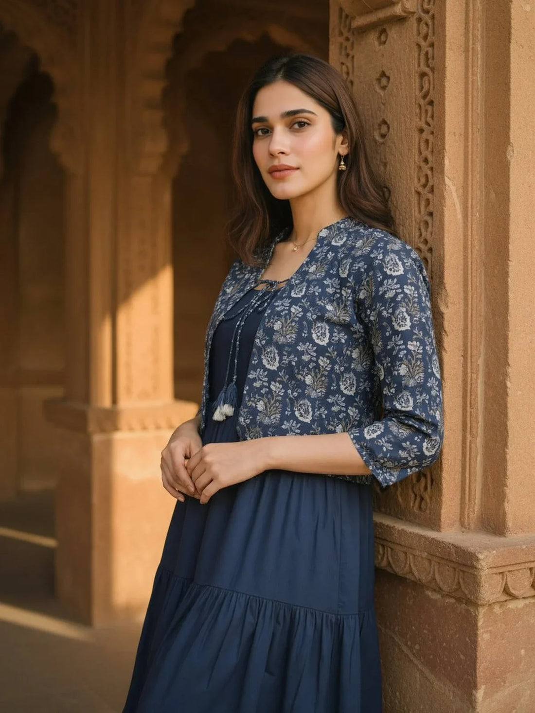 Buy Rayon Printed Tiered Calf Length Dress with Printed Jacket-Blue