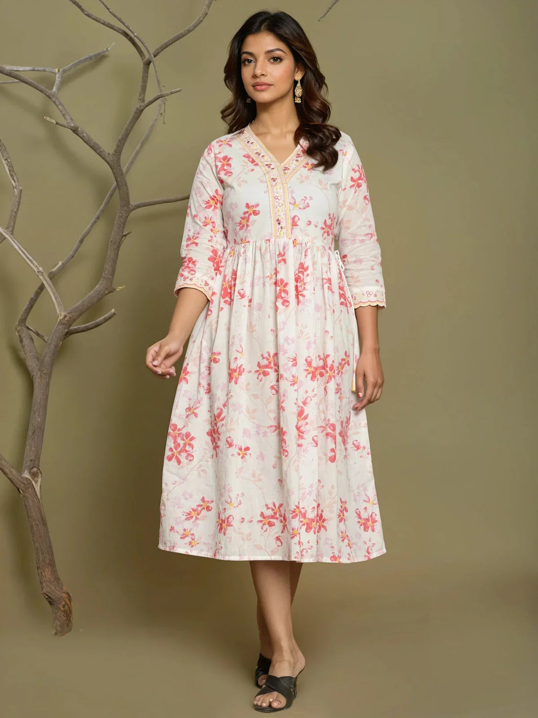 Buy Cotton Embroidered Flared Calf Length Dress-Pink