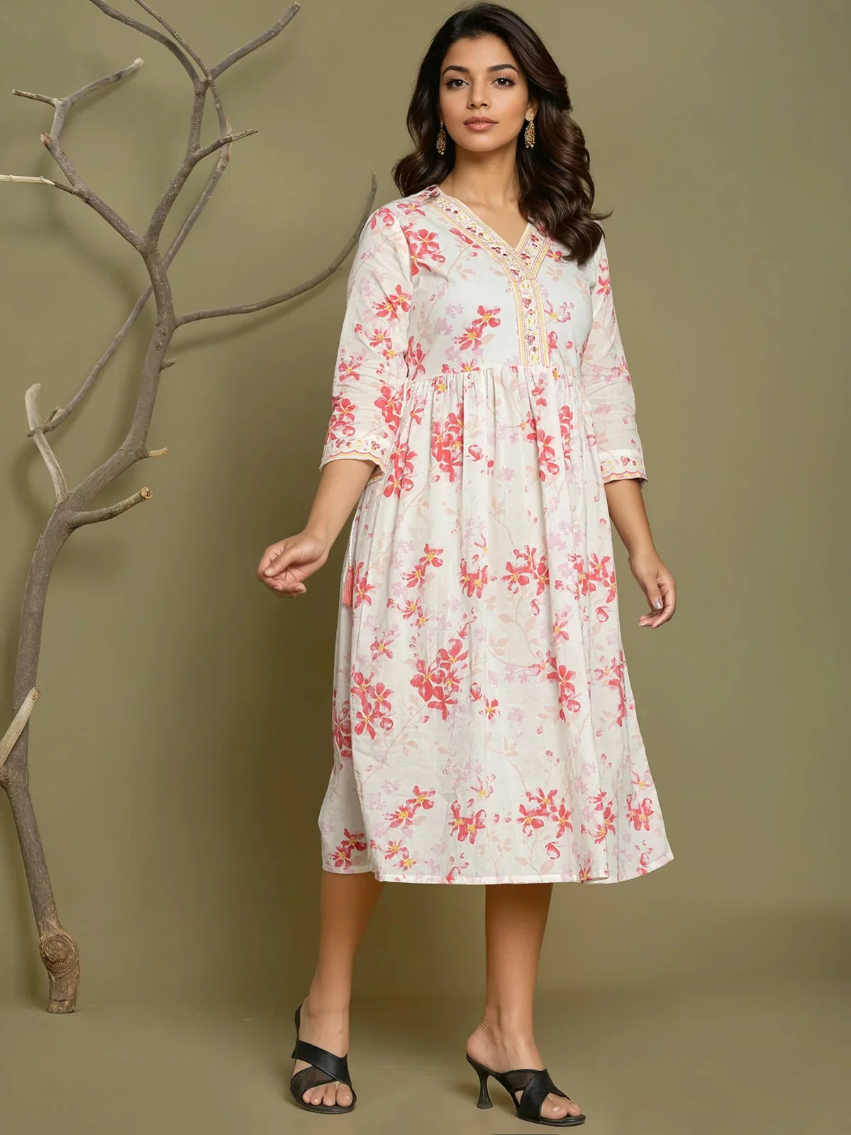 Buy Cotton Embroidered Flared Calf Length Dress-Pink