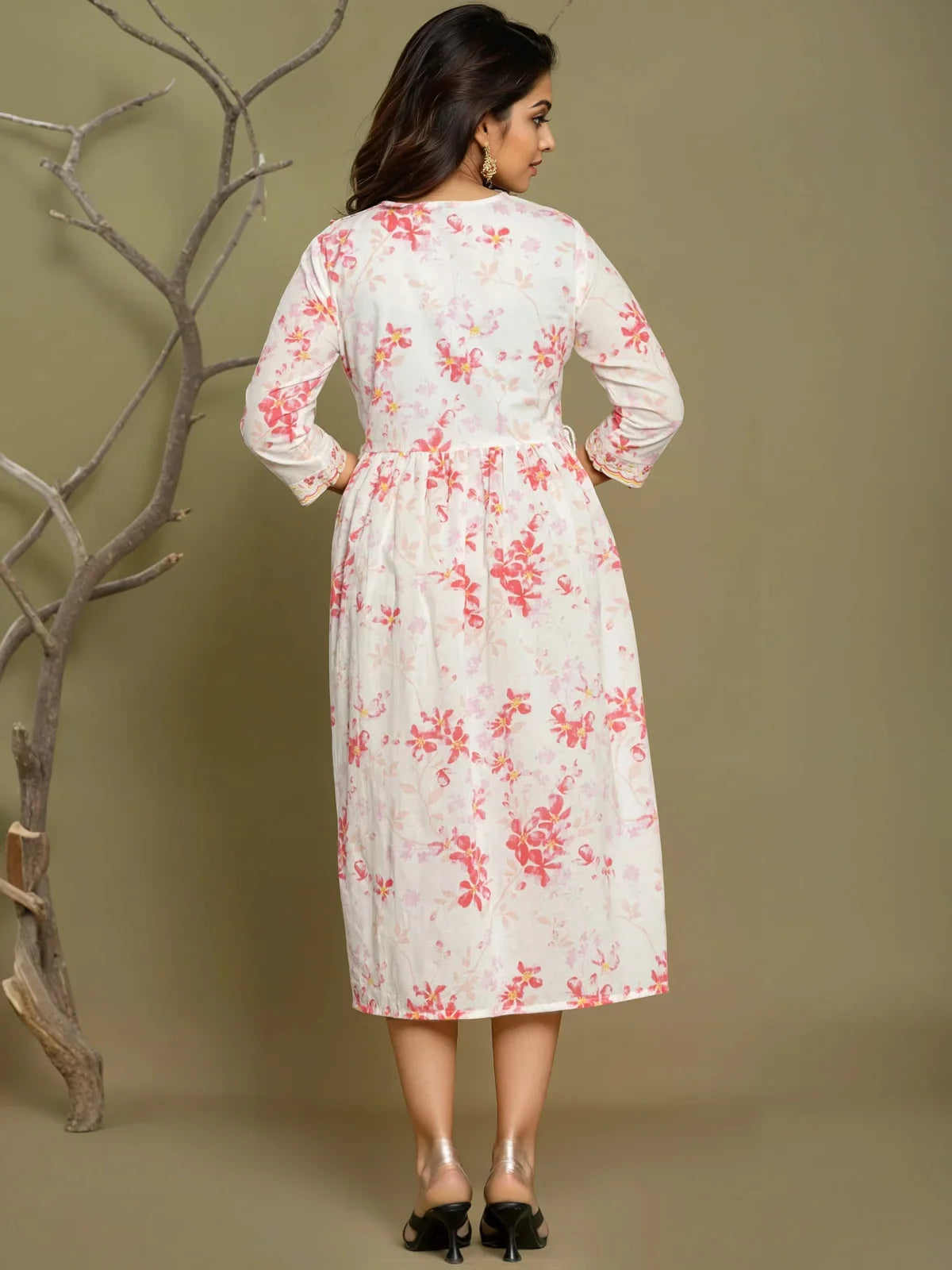 Buy Cotton Embroidered Flared Calf Length Dress-Pink