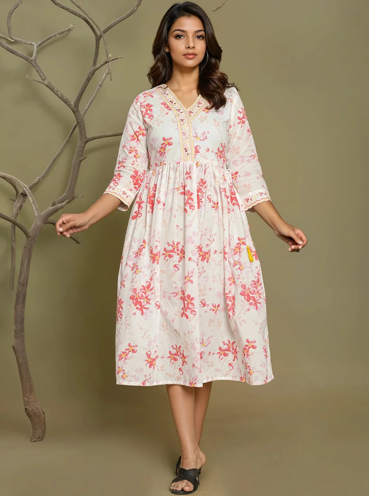 Buy Cotton Embroidered Flared Calf Length Dress-Pink