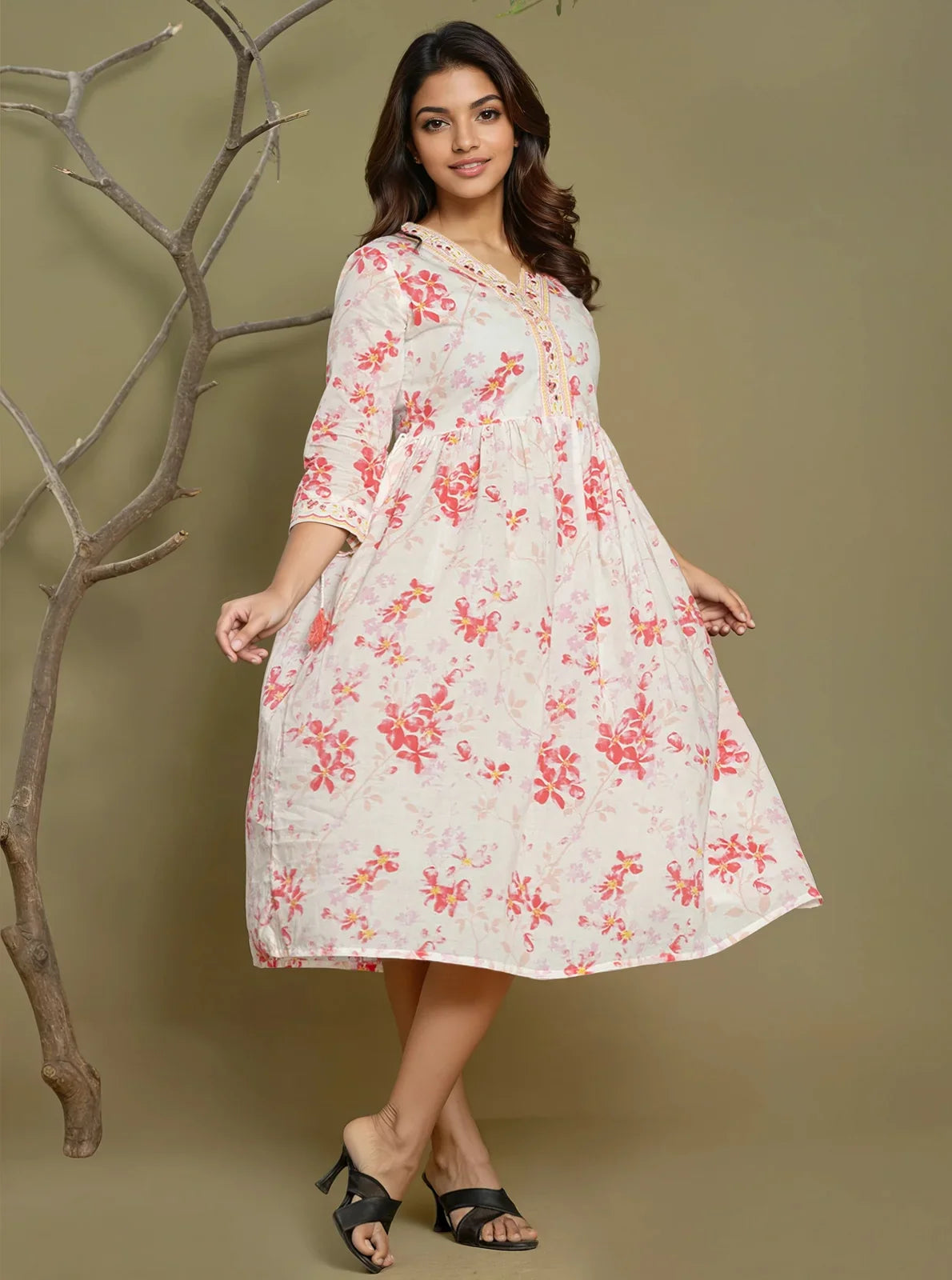 Buy Cotton Embroidered Flared Calf Length Dress-Pink