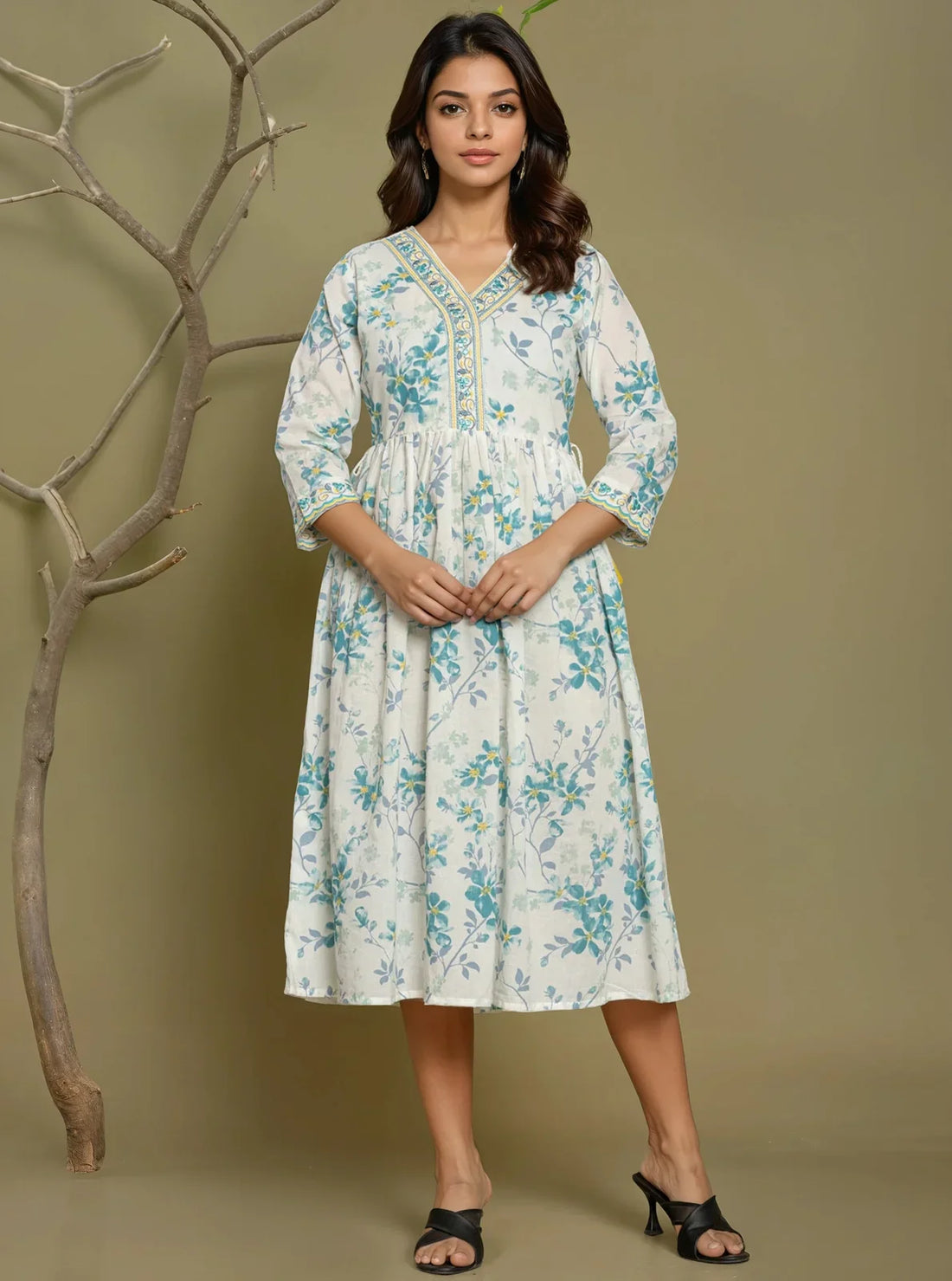 Buy Cotton Embroidered Flared Calf Length Dress-Blue
