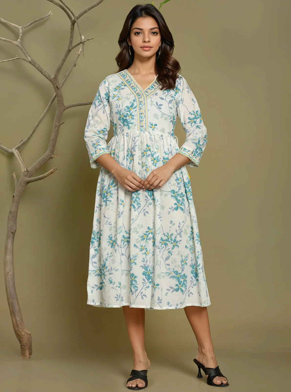 Buy Cotton Embroidered Flared Calf Length Dress-Blue