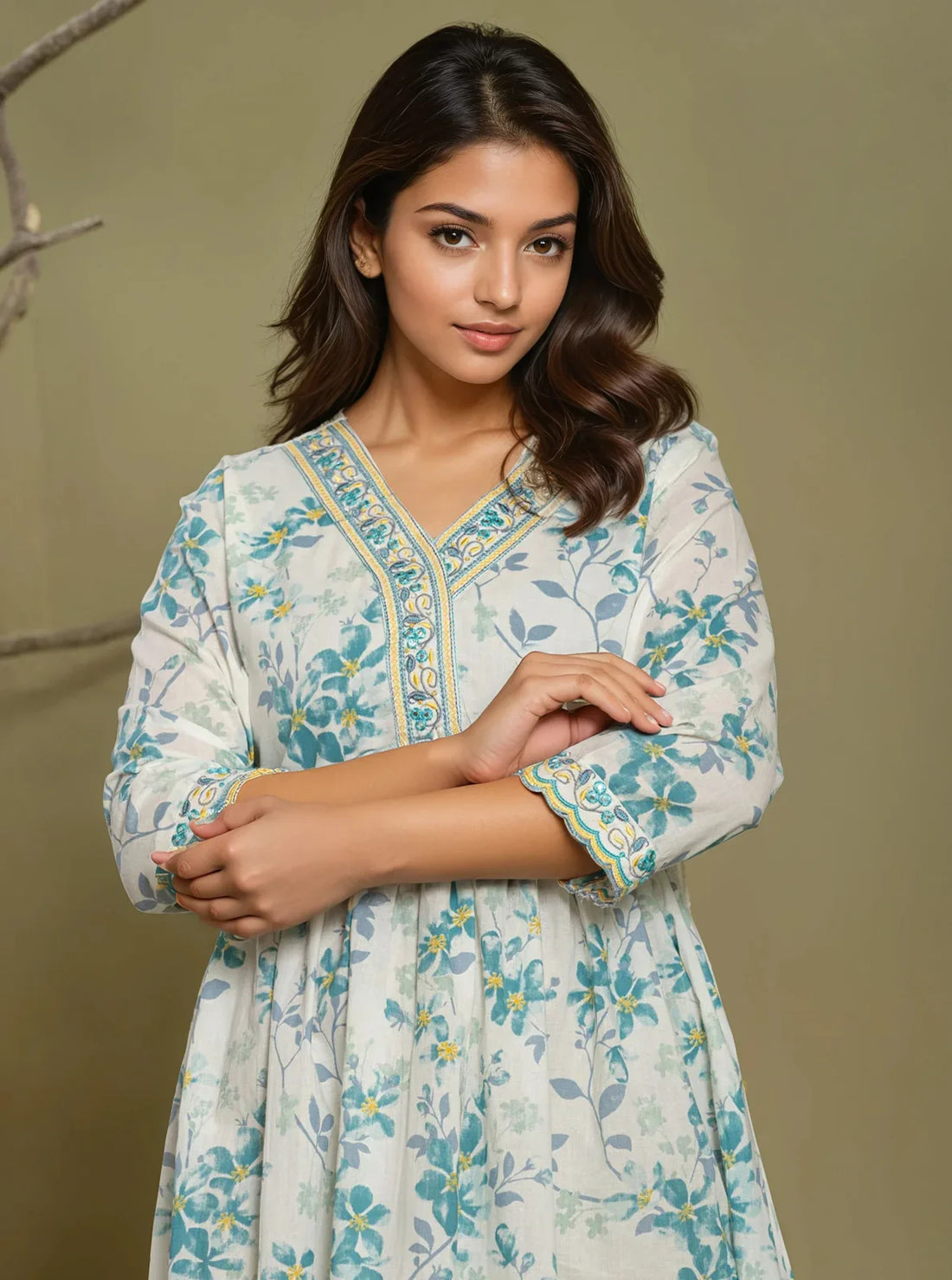Buy Cotton Embroidered Flared Calf Length Dress-Blue