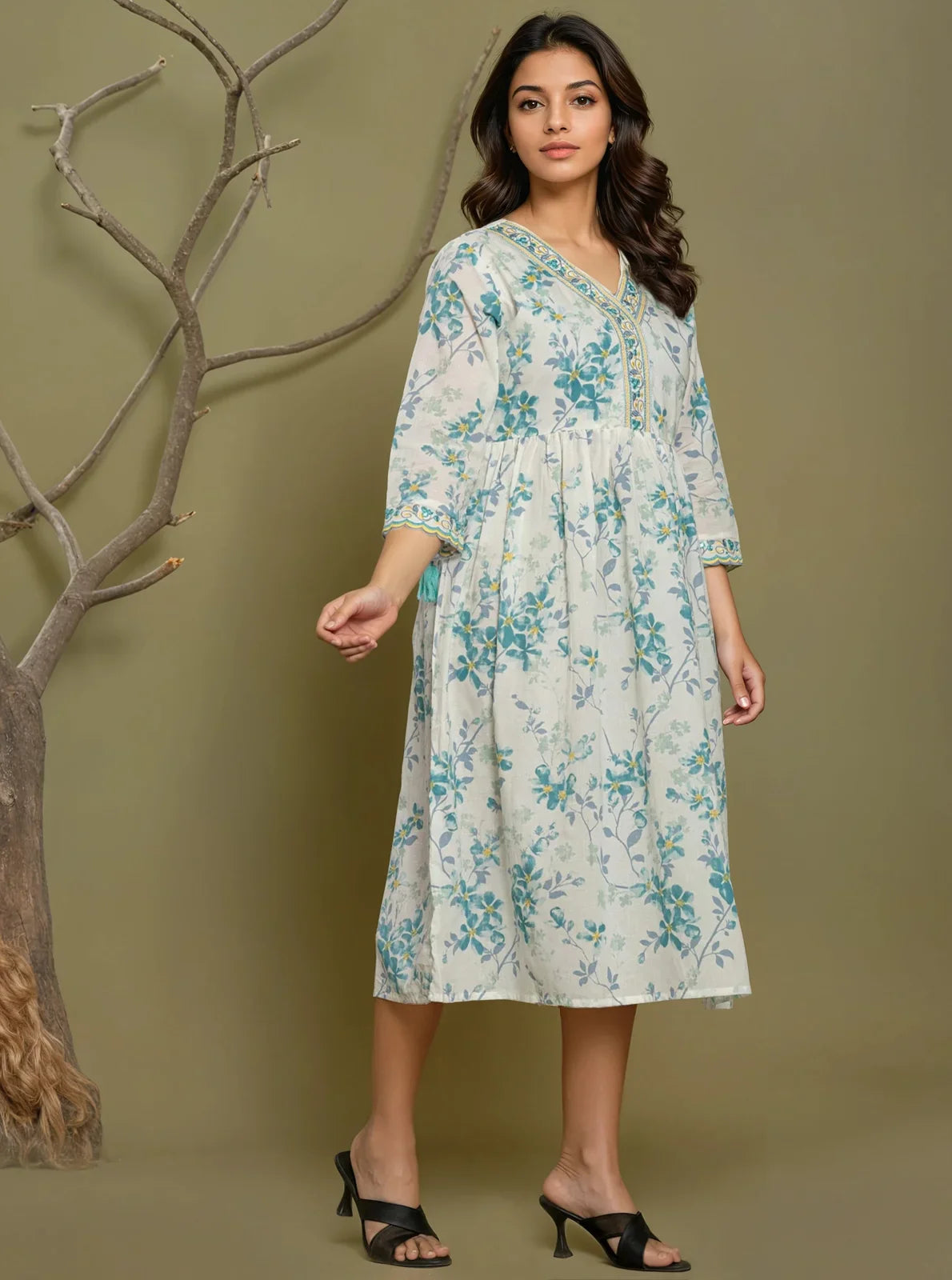 Buy Cotton Embroidered Flared Calf Length Dress-Blue