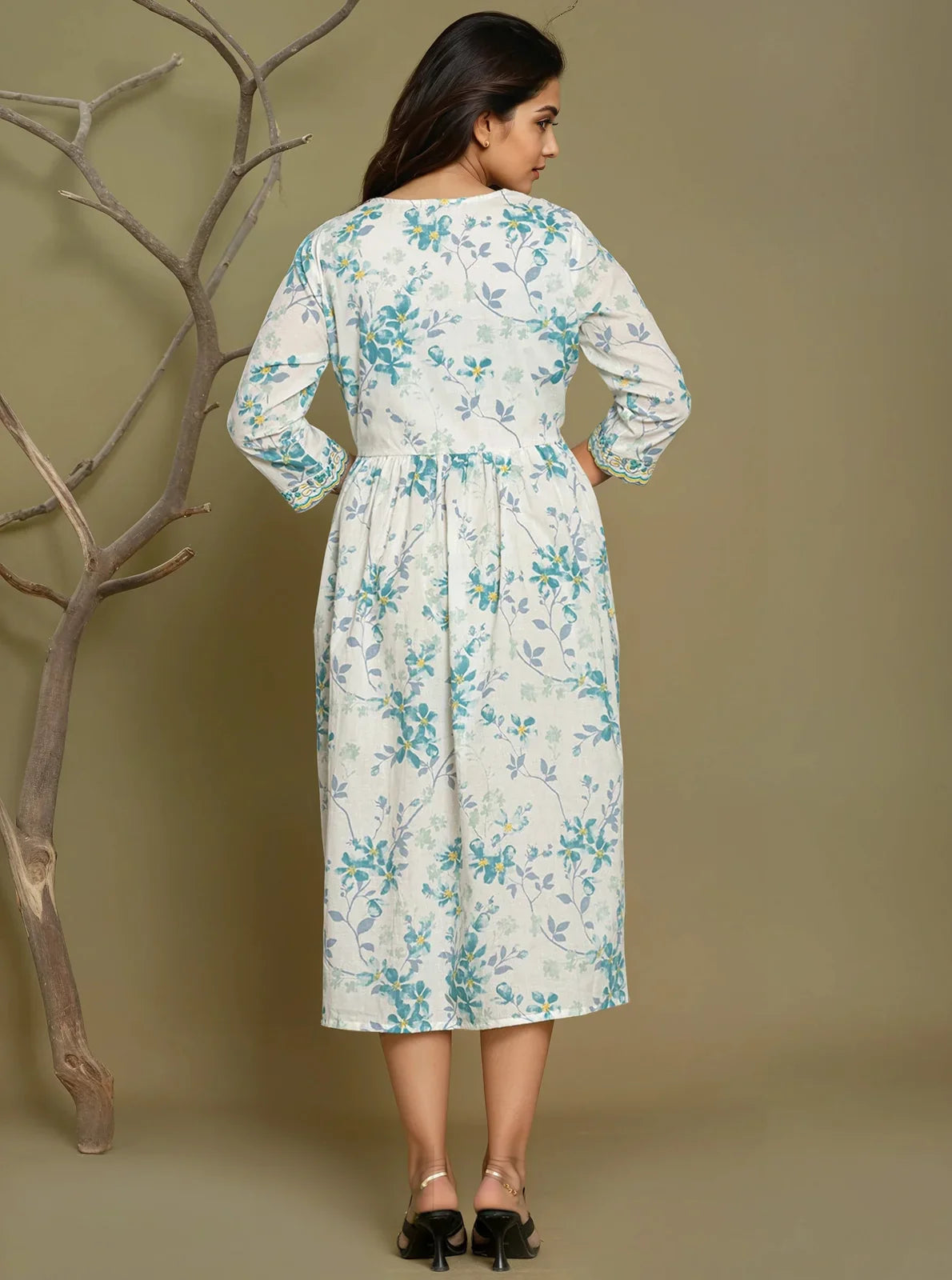 Buy Cotton Embroidered Flared Calf Length Dress-Blue