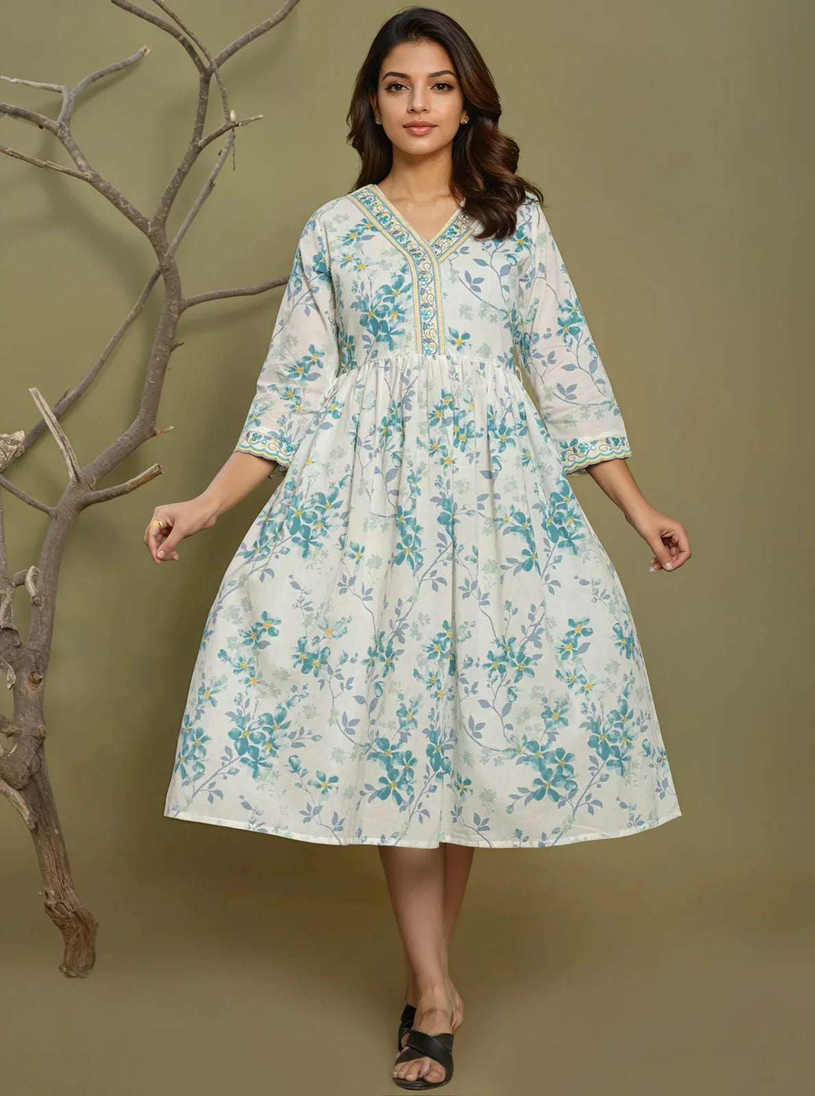 Buy Cotton Embroidered Flared Calf Length Dress-Blue