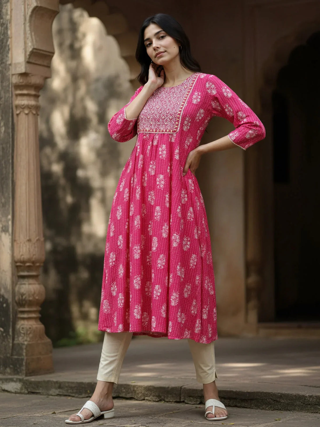 Buy Rayon Embroidered Anarkali Calf Length Kurta-Pink