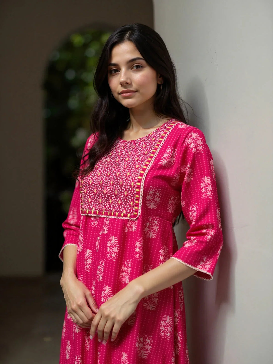 Buy Rayon Embroidered Anarkali Calf Length Kurta-Pink
