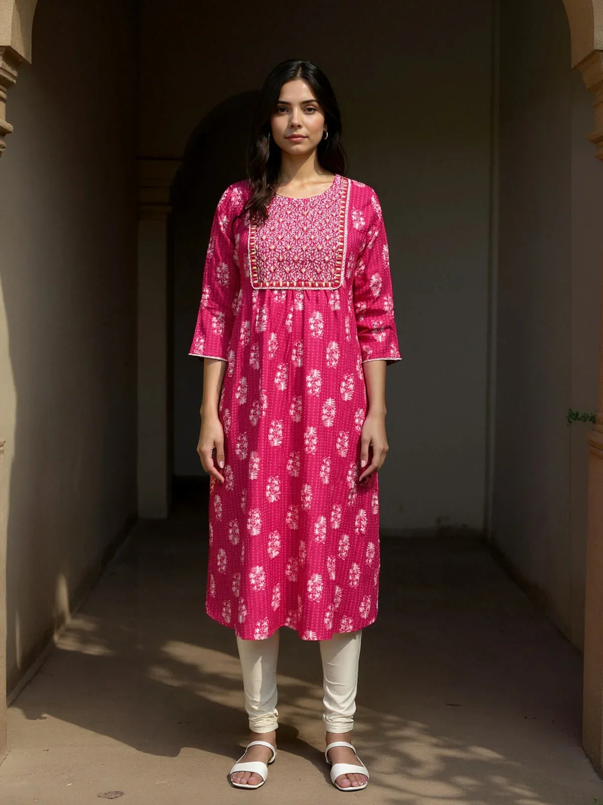 Buy Rayon Embroidered Anarkali Calf Length Kurta-Pink