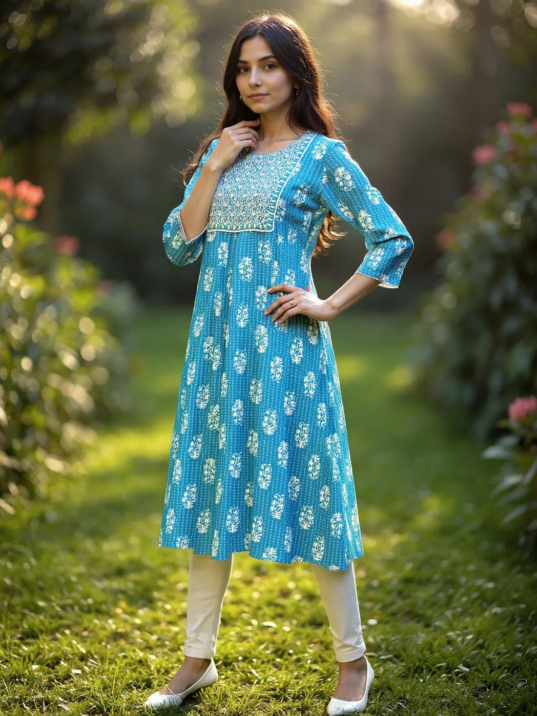 Buy Rayon Embroidered Flared Calf Length Kurta-Teal