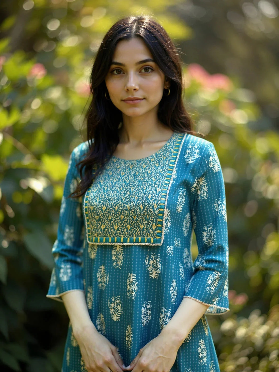 Buy Rayon Embroidered Flared Calf Length Kurta-Teal