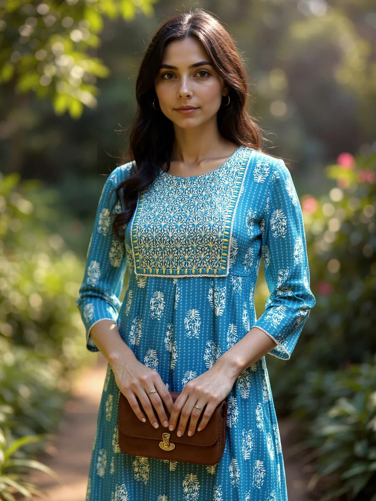 Buy Rayon Embroidered Flared Calf Length Kurta-Teal