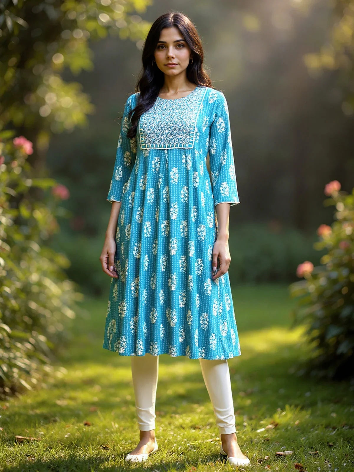 Buy Rayon Embroidered Flared Calf Length Kurta-Teal