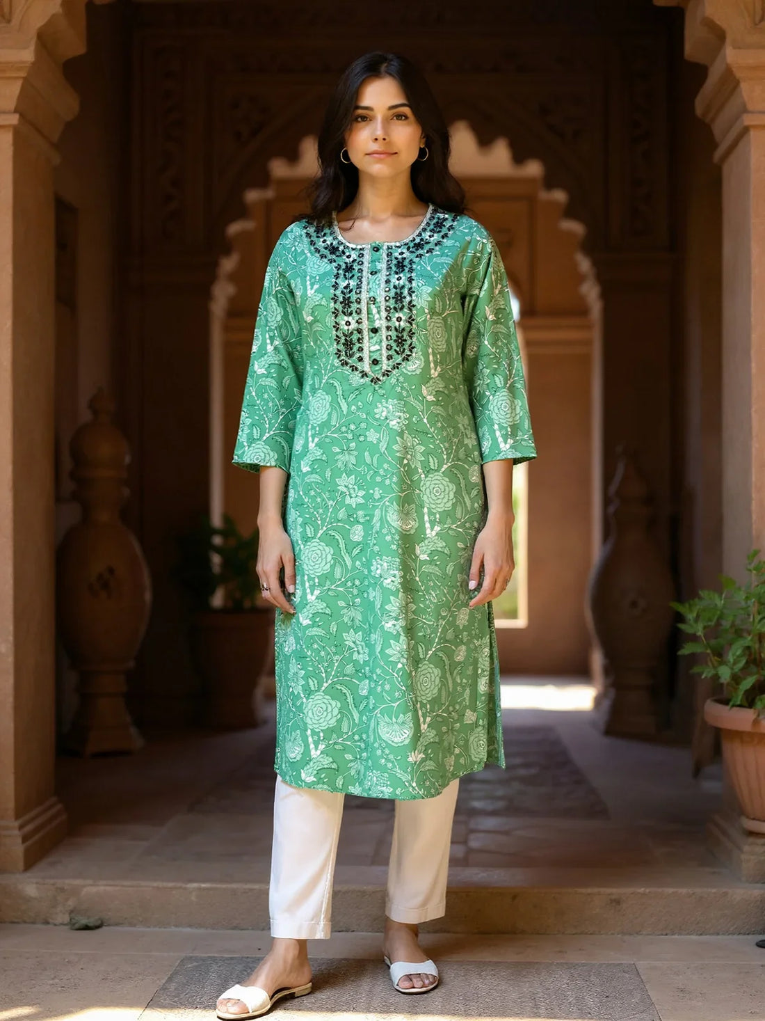 Buy Cotton Printed Straight Calf Length Kurta-Green