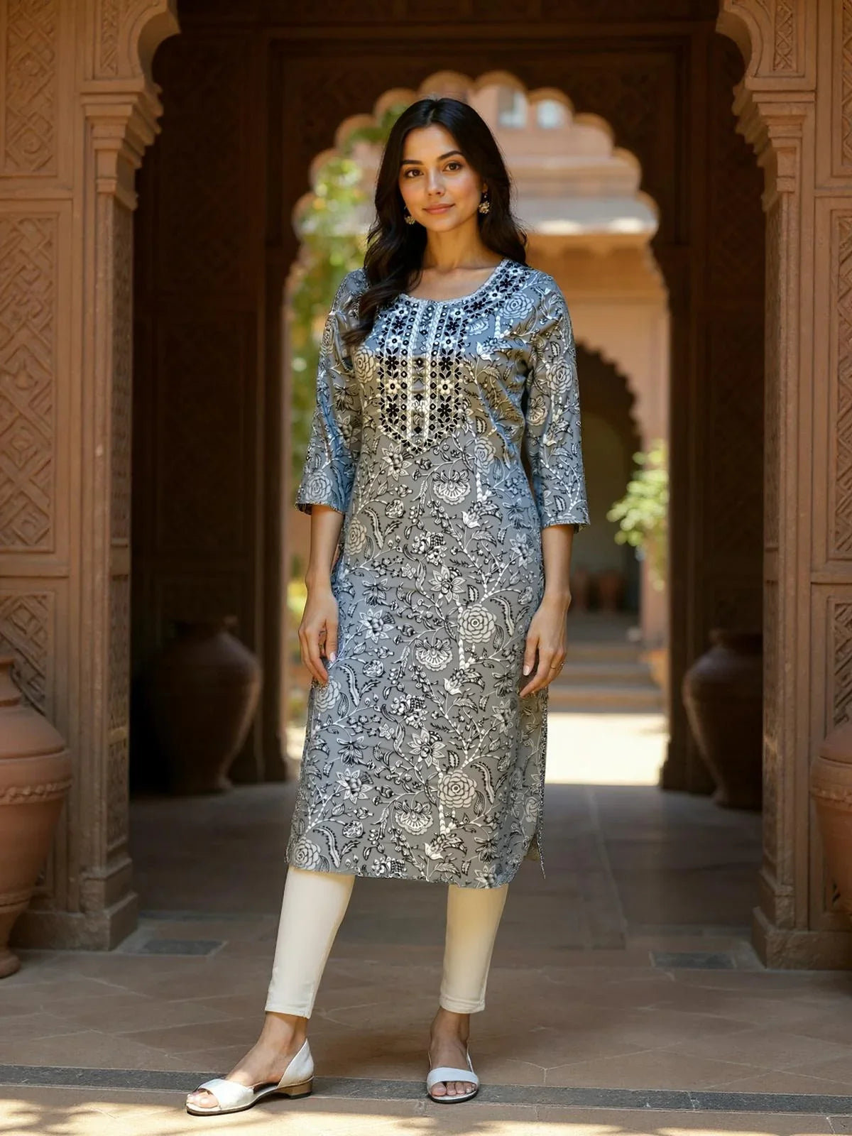 Buy Cotton Printed Straight Calf Length Kurta-Grey