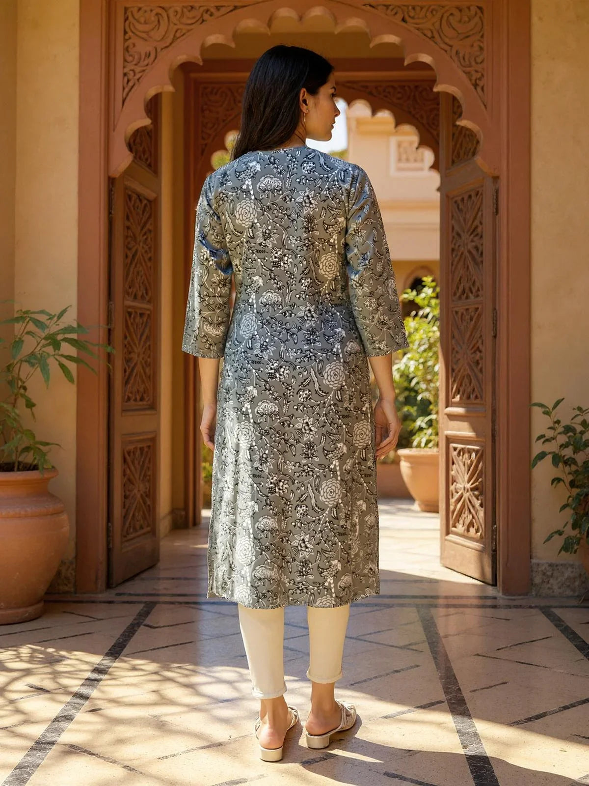 Buy Cotton Printed Straight Calf Length Kurta-Grey
