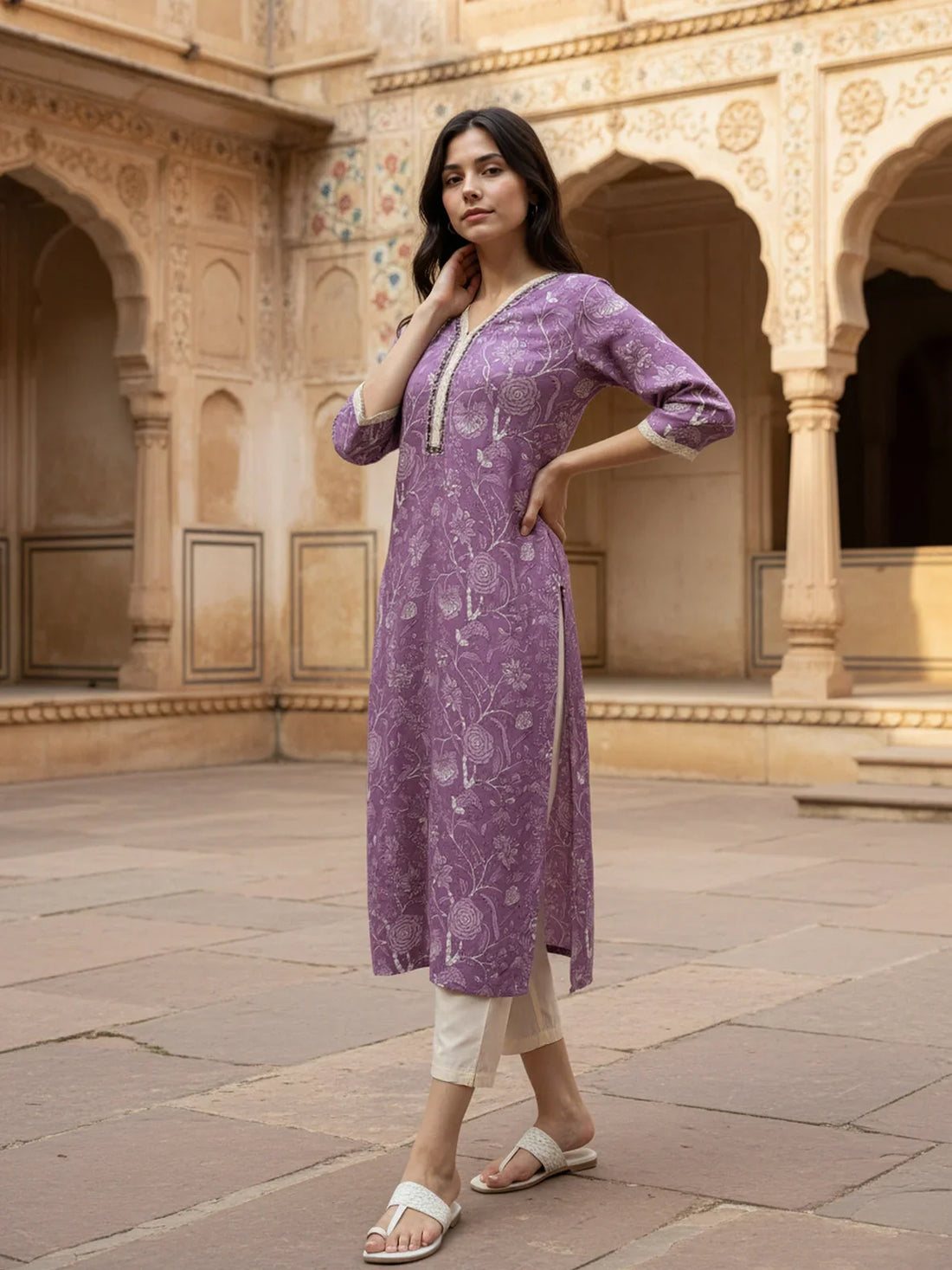Buy Rayon Printed Straight Calf Length Kurta-Purple