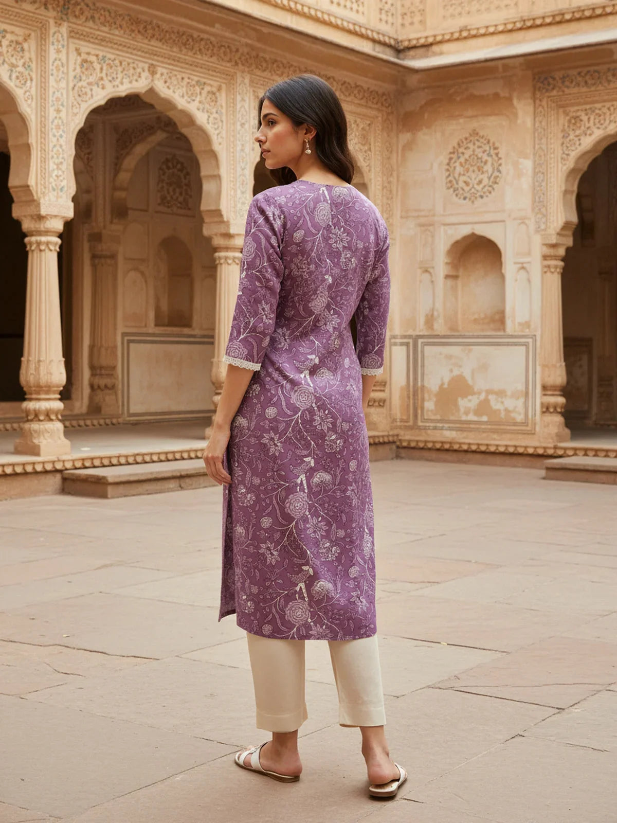 Buy Rayon Printed Straight Calf Length Kurta-Purple