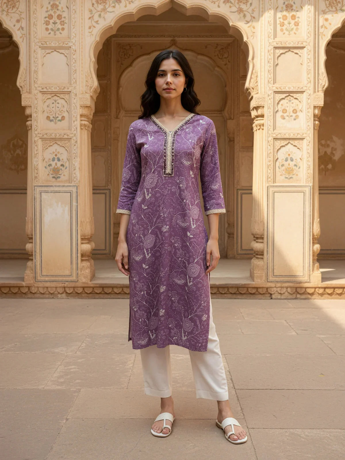 Buy Rayon Printed Straight Calf Length Kurta-Purple