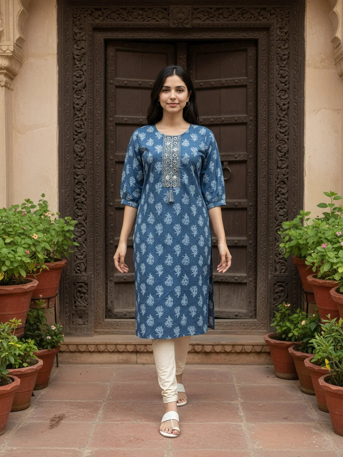 Buy Cotton Embroidered Straight Calf Length Kurta-Blue