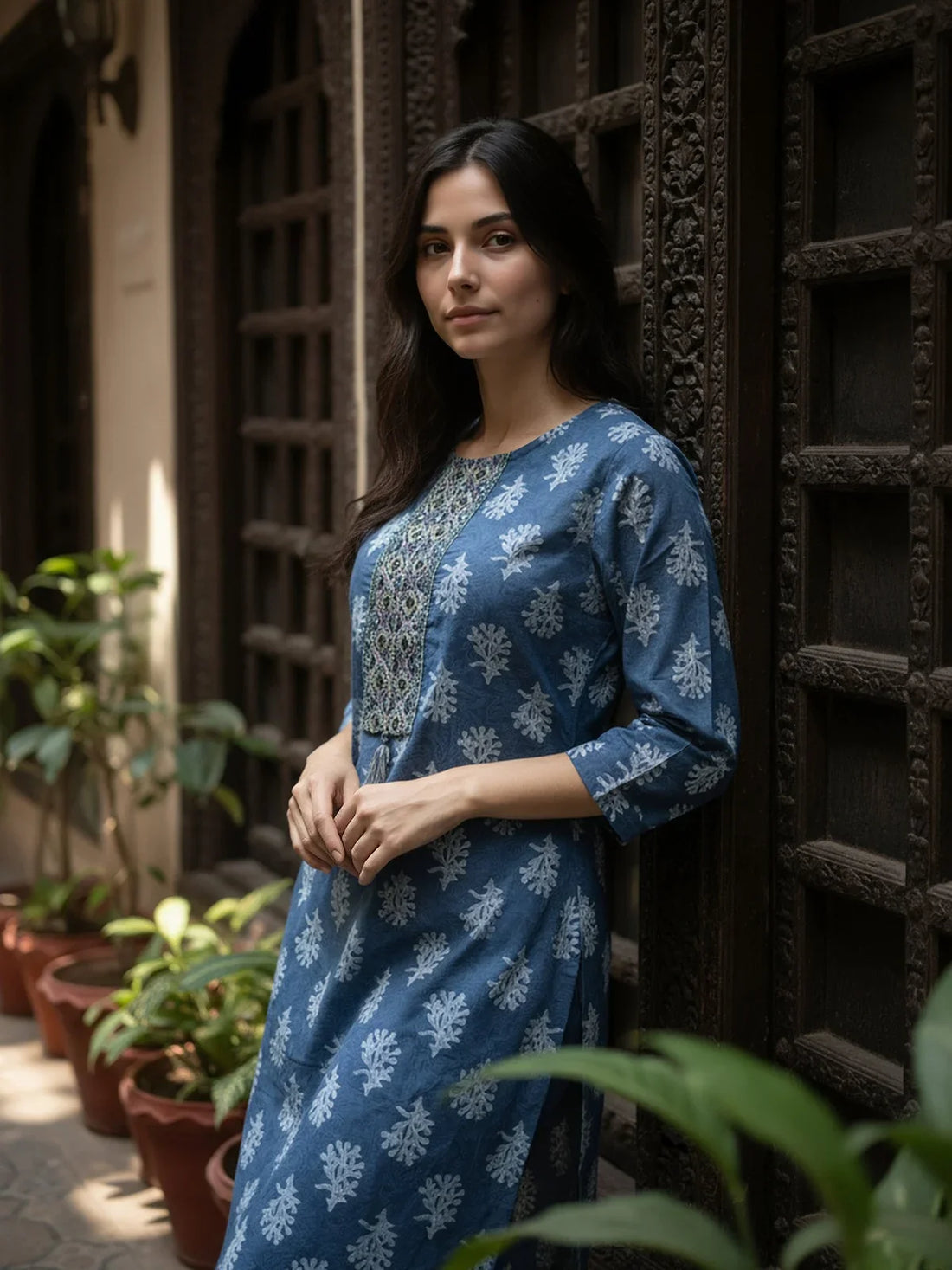 Buy Cotton Embroidered Straight Calf Length Kurta-Blue