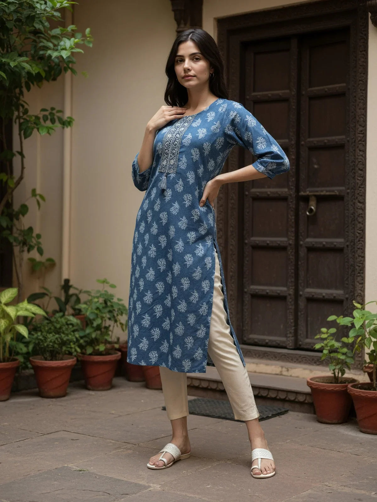 Buy Cotton Embroidered Straight Calf Length Kurta-Blue