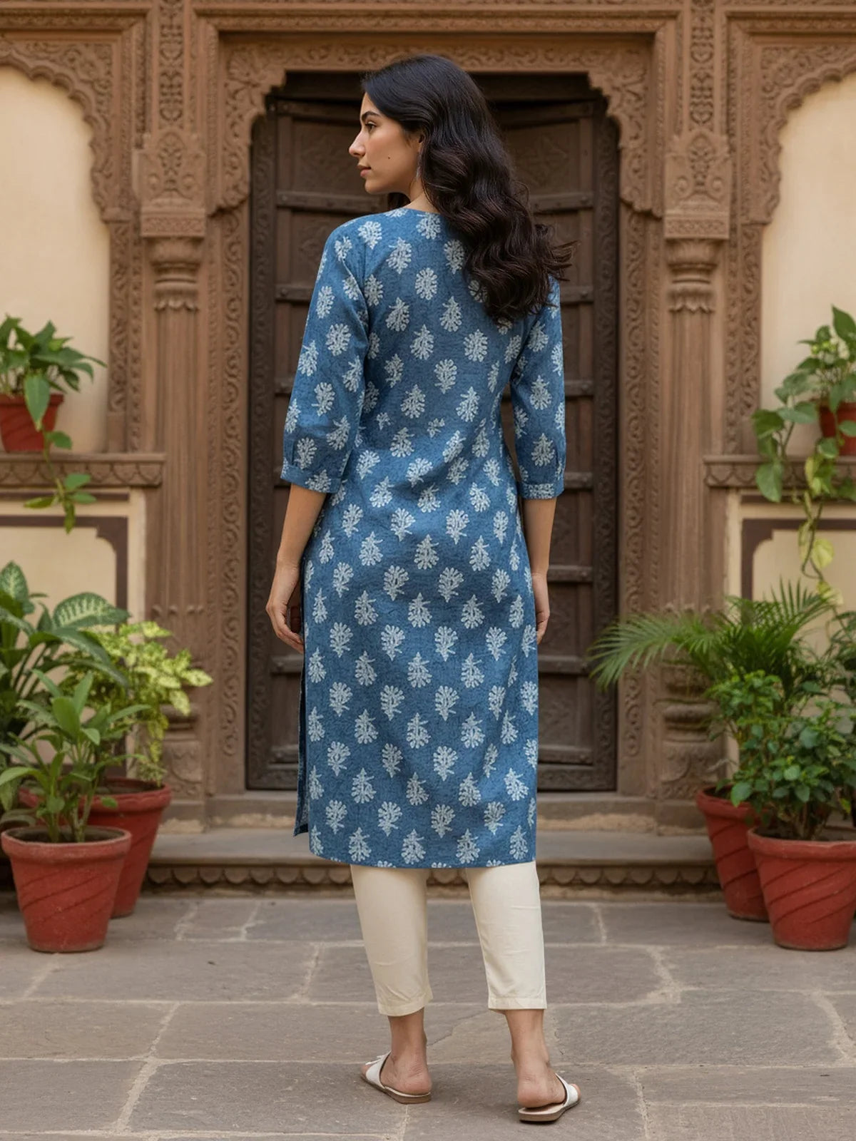 Buy Cotton Embroidered Straight Calf Length Kurta-Blue