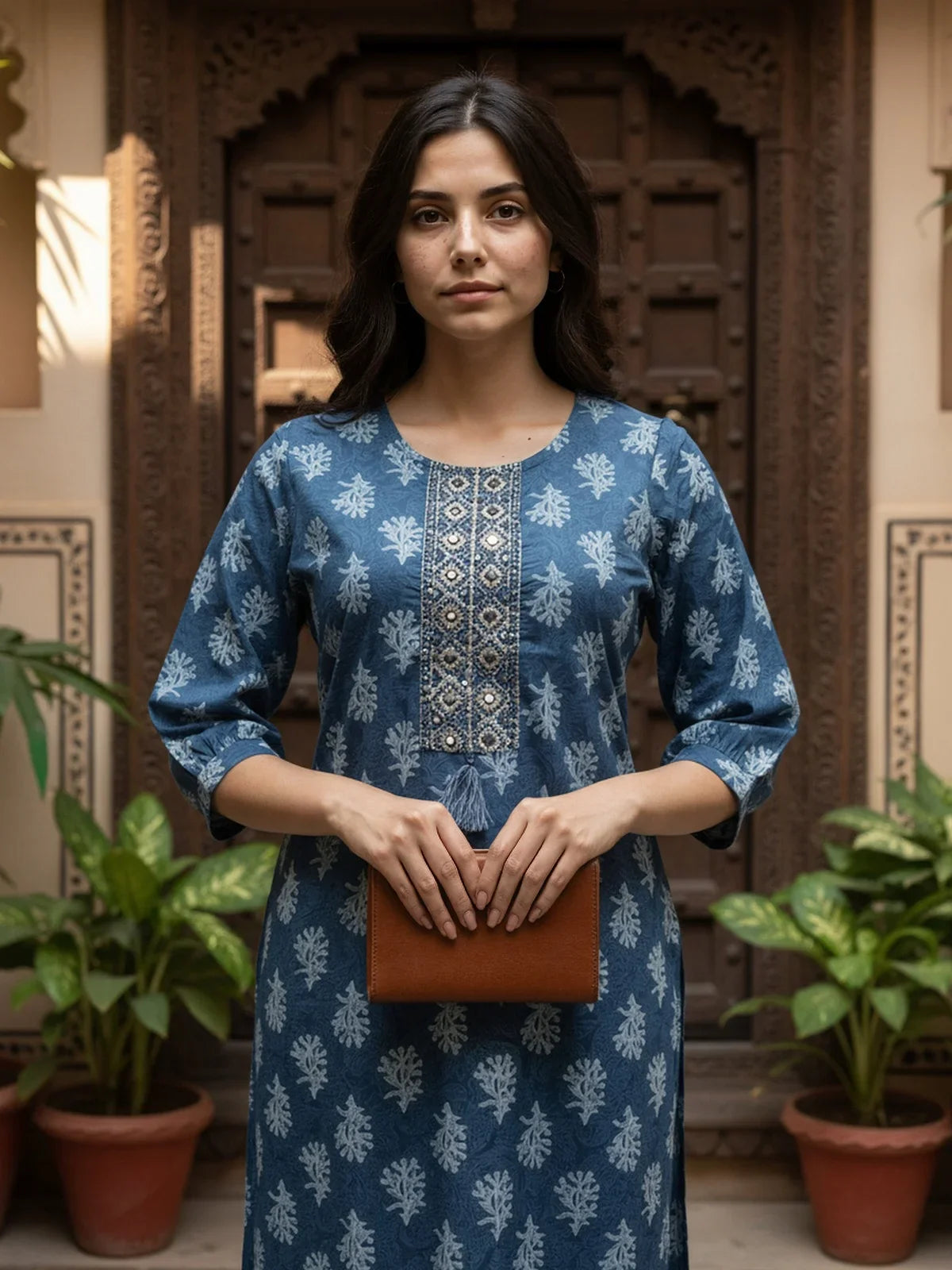 Buy Cotton Embroidered Straight Calf Length Kurta-Blue