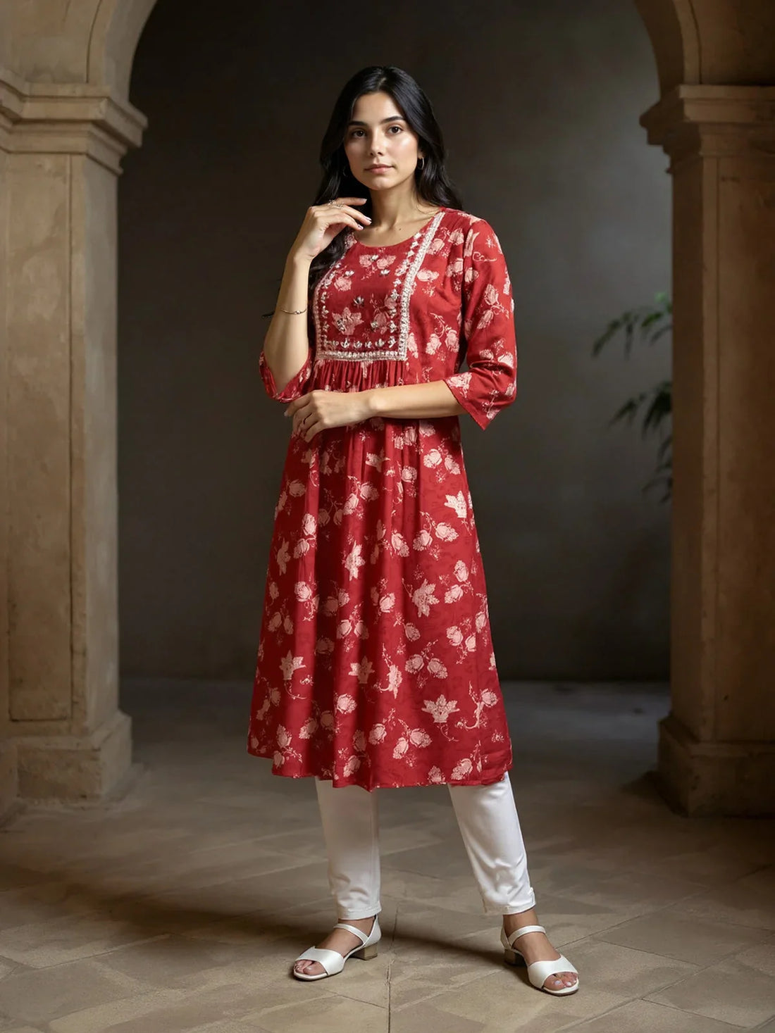 Buy Rayon Embroidered Straight Calf Length Kurta-Maroon