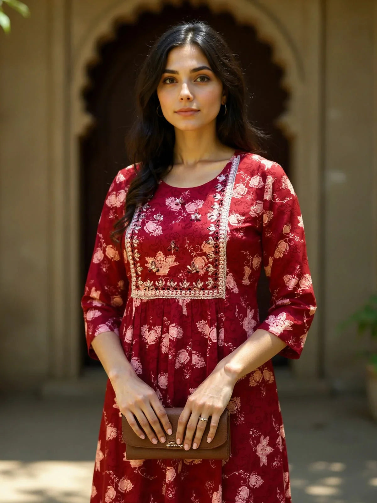 Buy Rayon Embroidered Straight Calf Length Kurta-Maroon