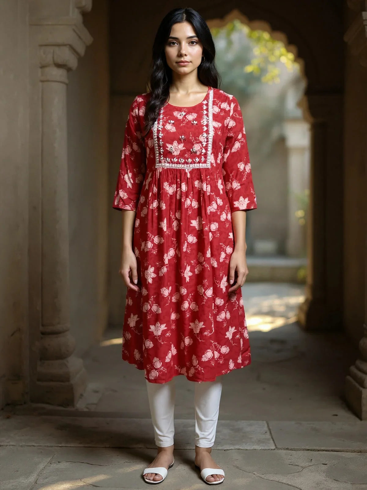 Buy Rayon Embroidered Straight Calf Length Kurta-Maroon