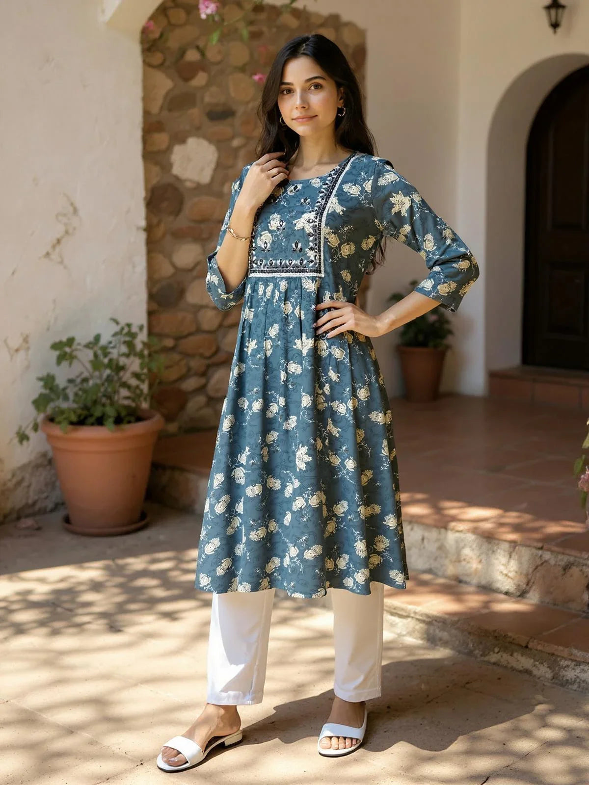 Buy Rayon Embroidered Flared Calf Length Kurta-Grey