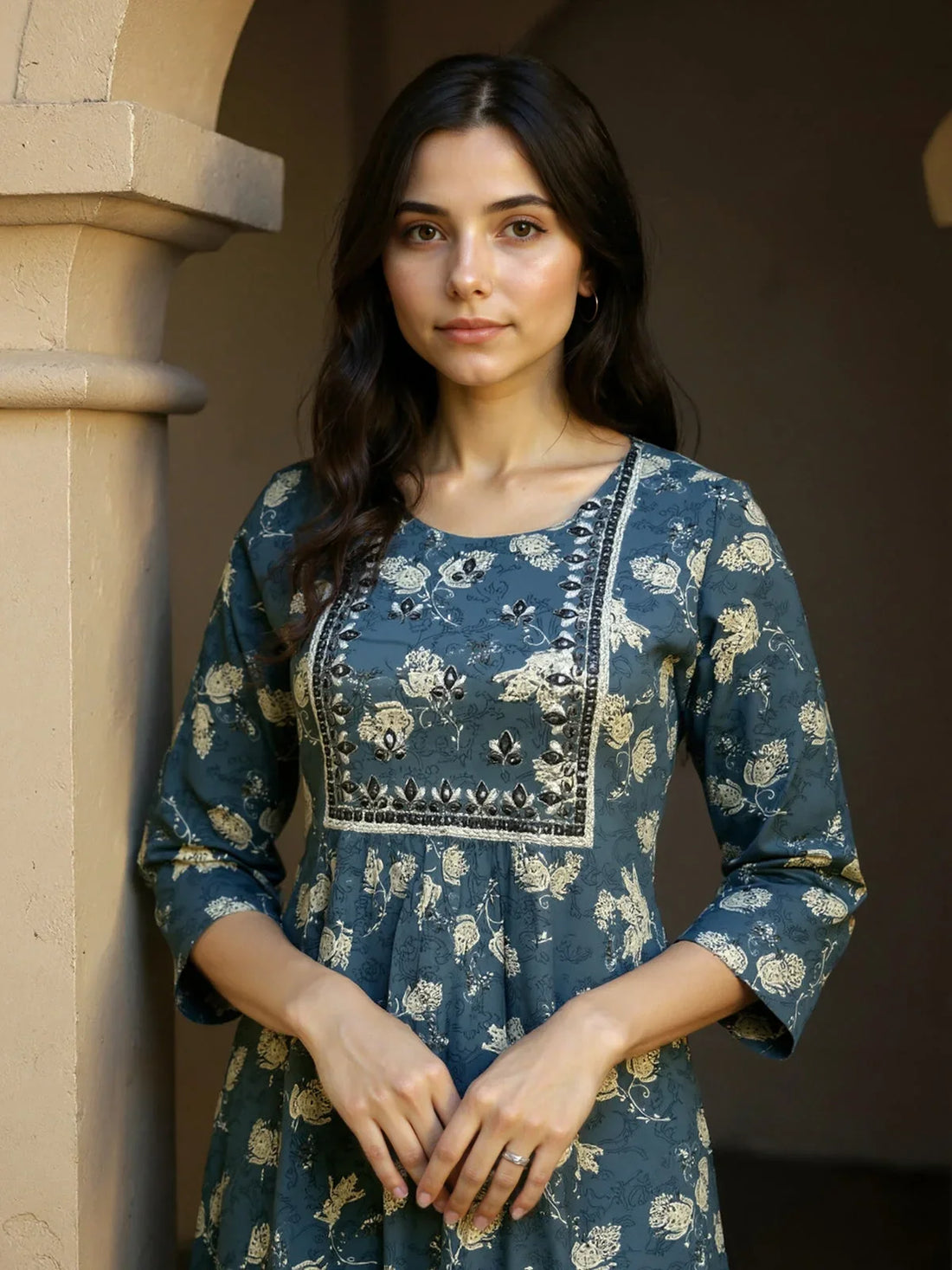 Buy Rayon Embroidered Flared Calf Length Kurta-Grey