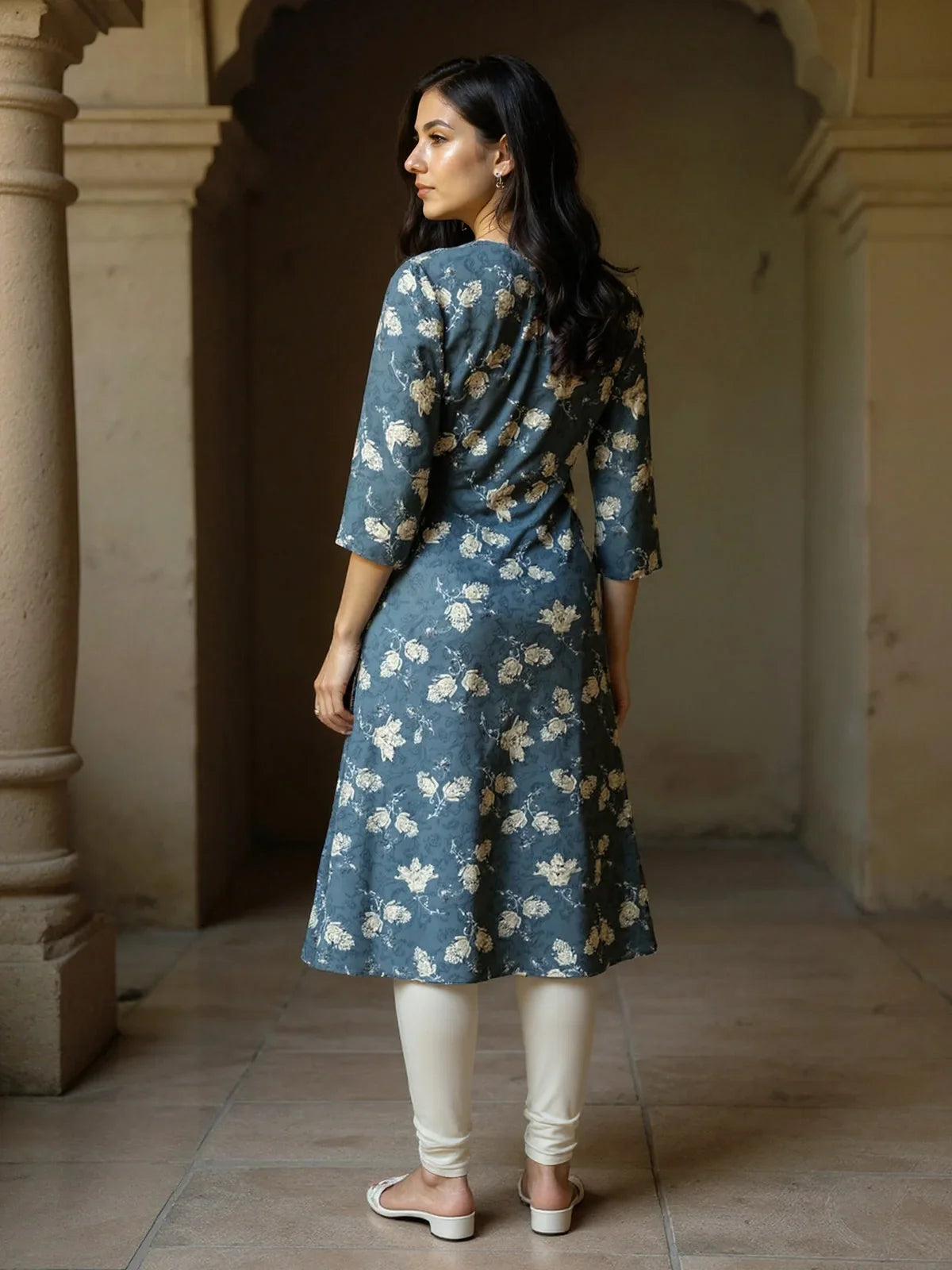 Buy Rayon Embroidered Flared Calf Length Kurta-Grey