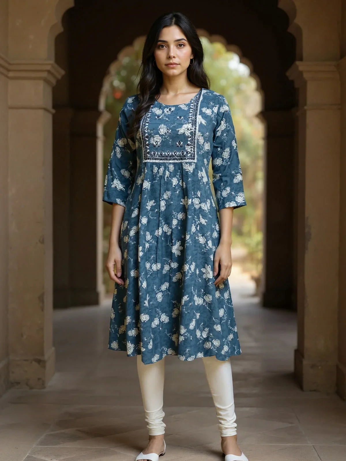 Buy Rayon Embroidered Flared Calf Length Kurta-Grey