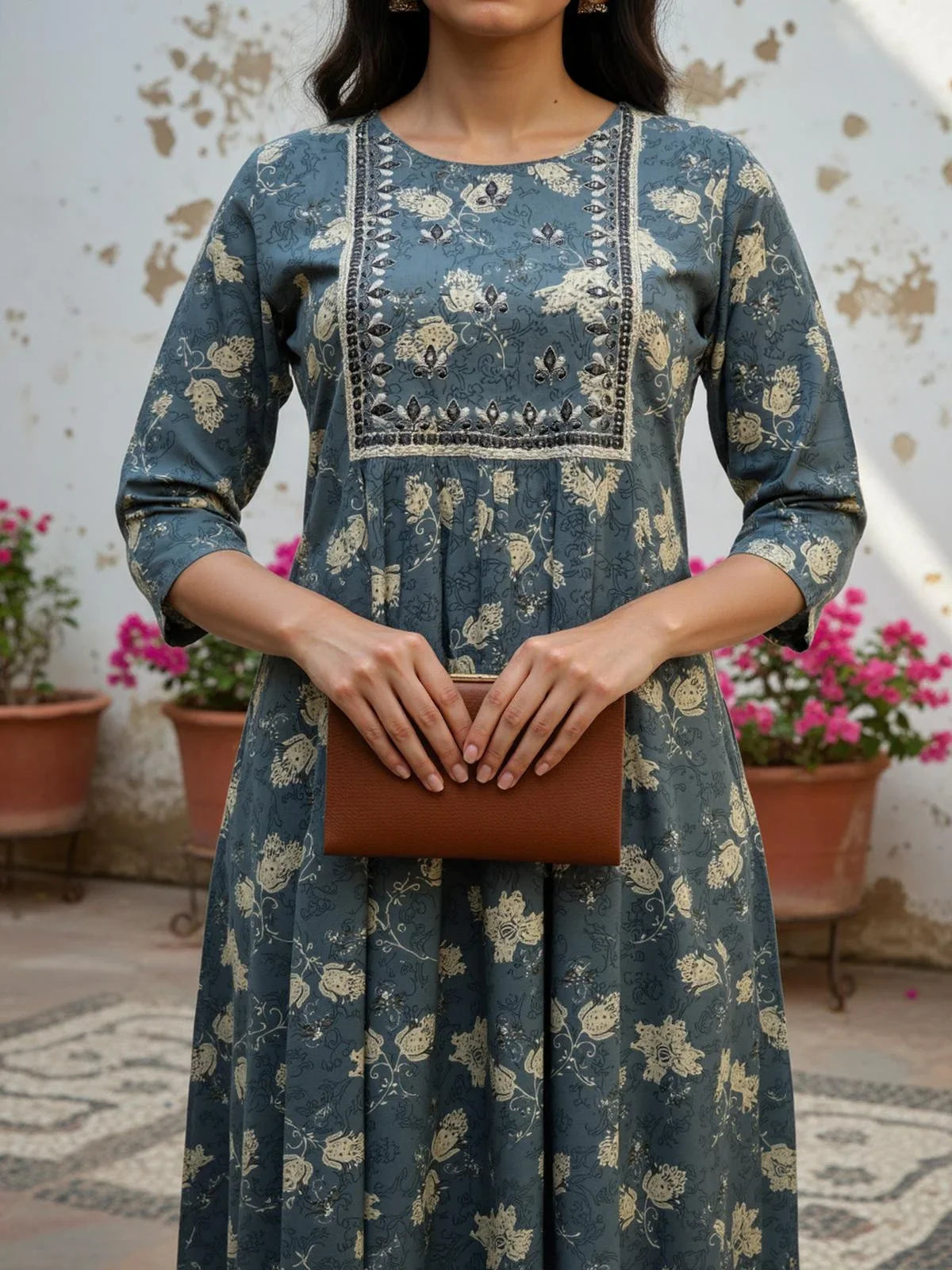 Buy Rayon Embroidered Flared Calf Length Kurta-Grey