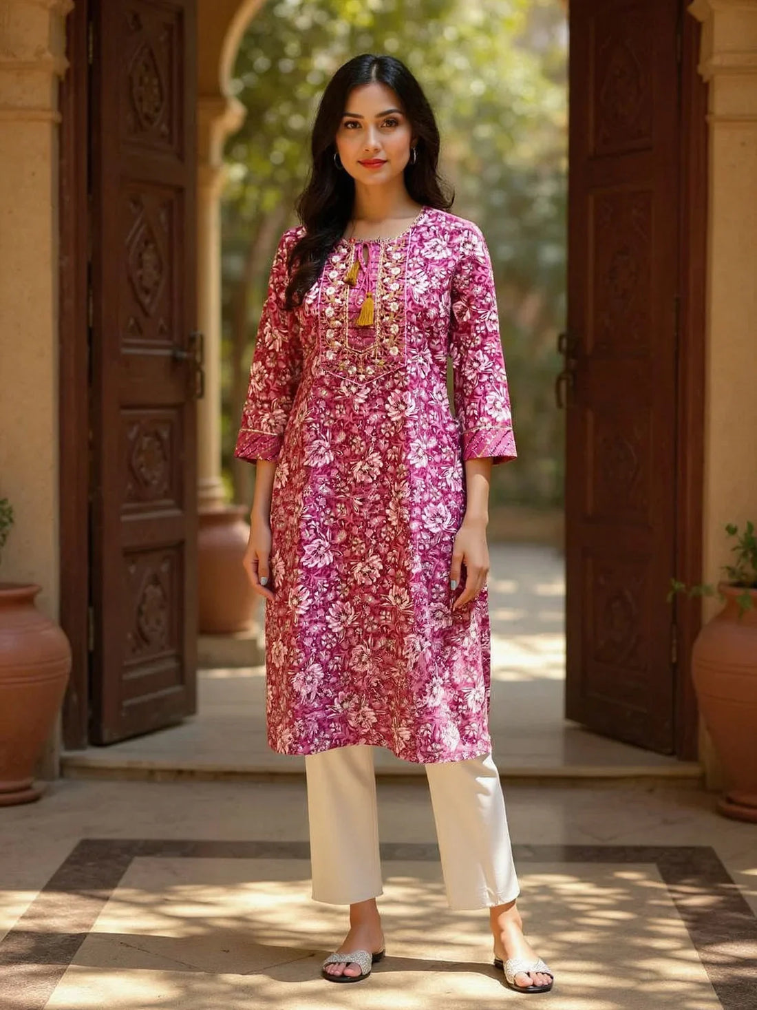 Buy Cotton Embroidered Straight Calf Length Straight Kurta-Pink