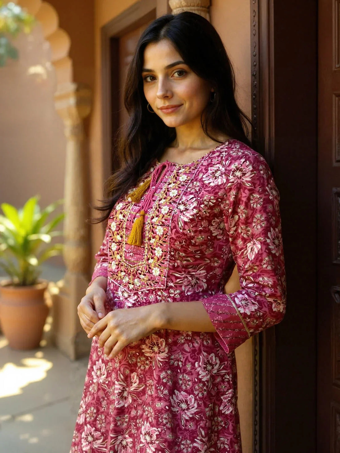 Buy Cotton Embroidered Straight Calf Length Straight Kurta-Pink