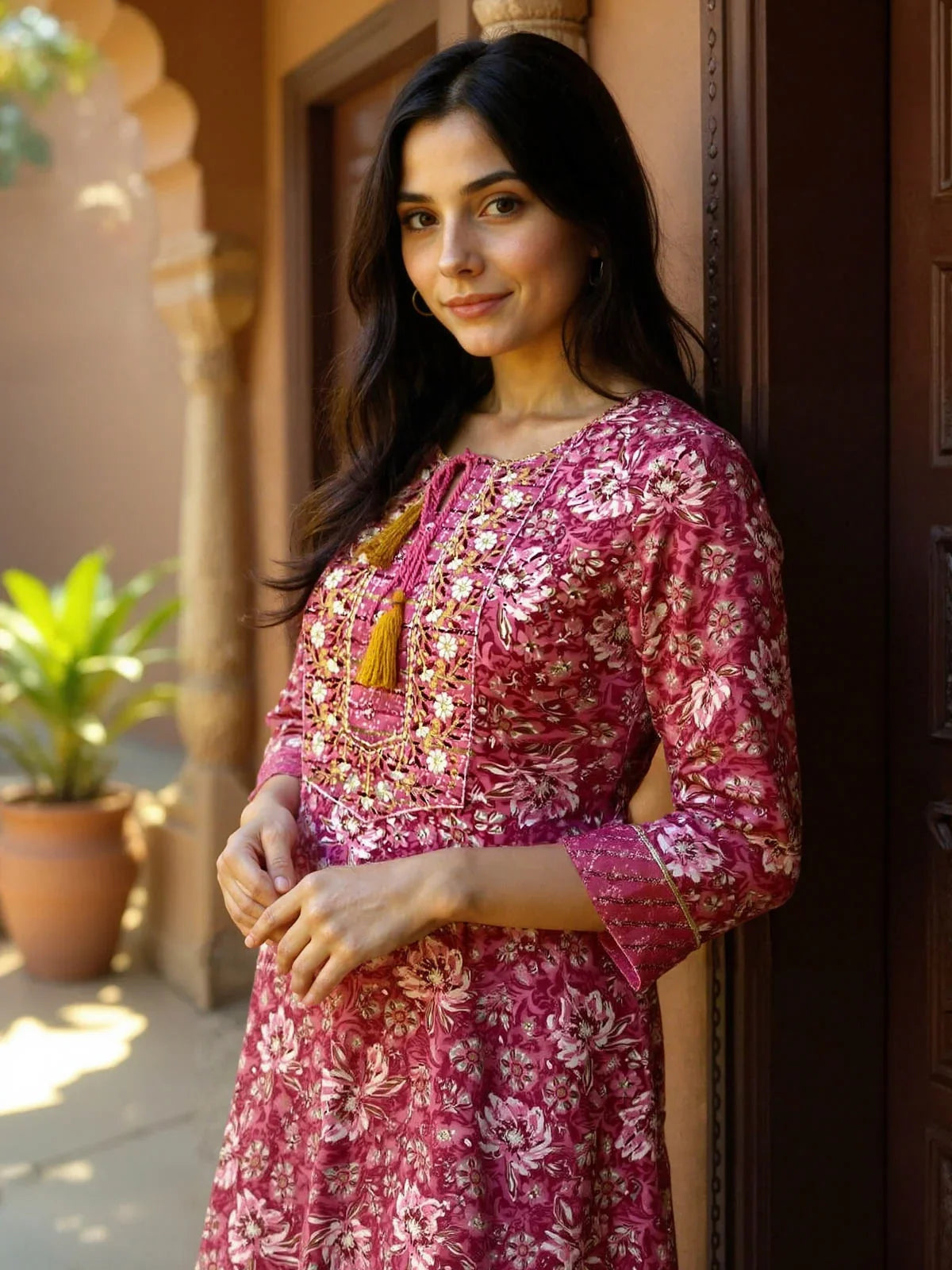 Buy Cotton Embroidered Straight Calf Length Straight Kurta-Pink