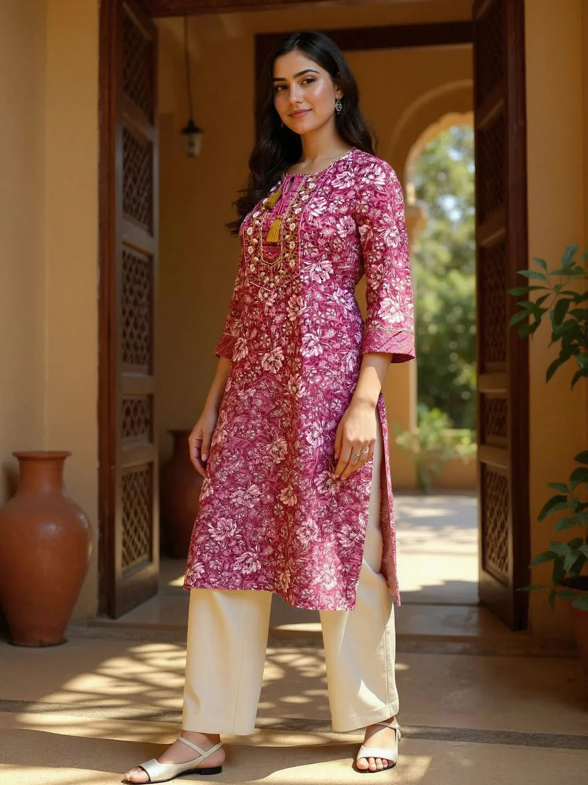 Buy Cotton Embroidered Straight Calf Length Straight Kurta-Pink