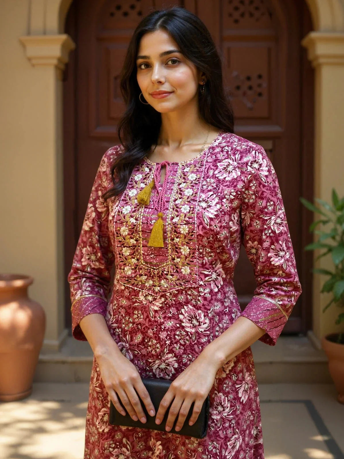 Buy Cotton Embroidered Straight Calf Length Straight Kurta-Pink