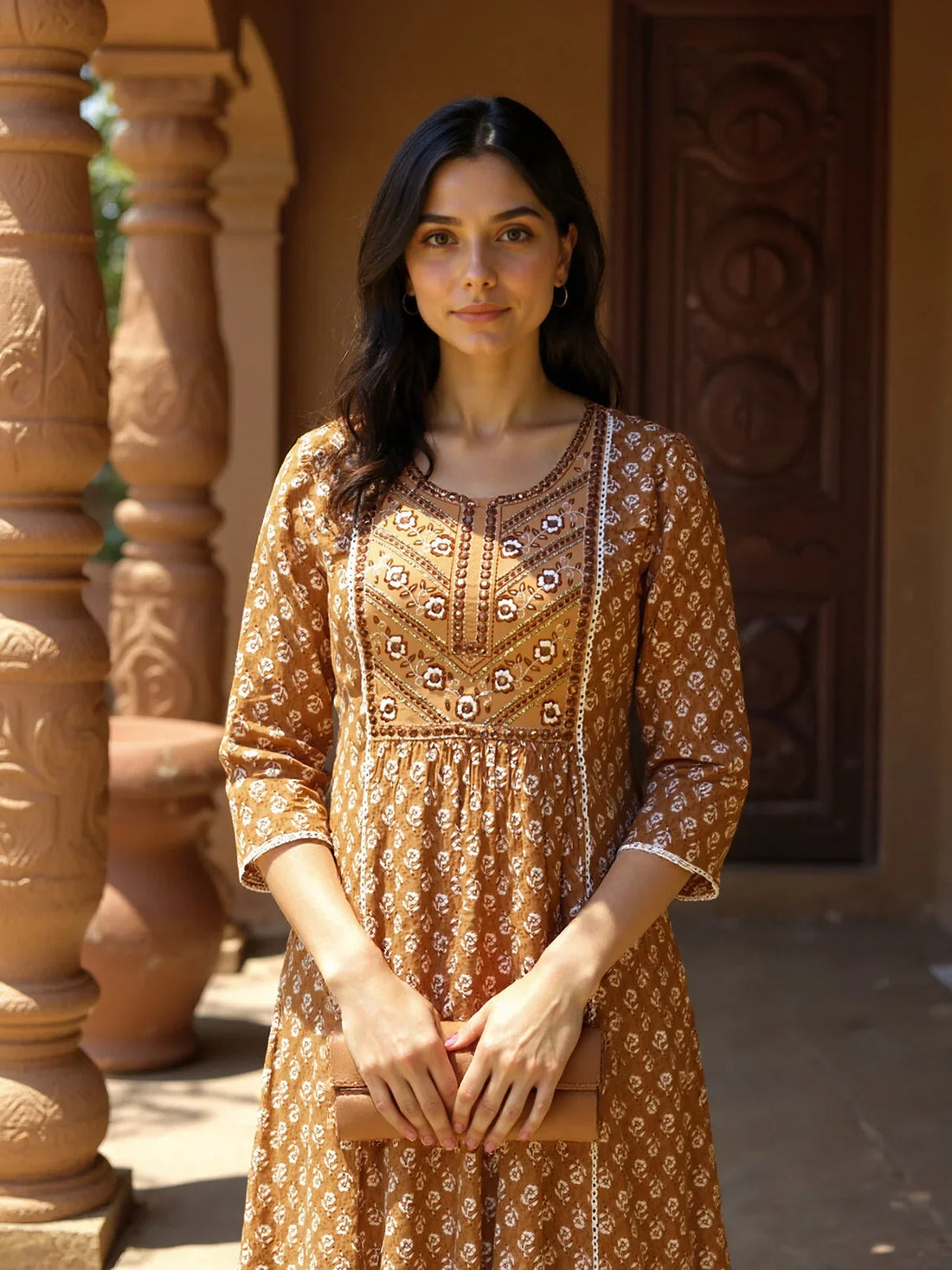 Buy Rayon Embroidered Straight Calf Length Kurta-Brown